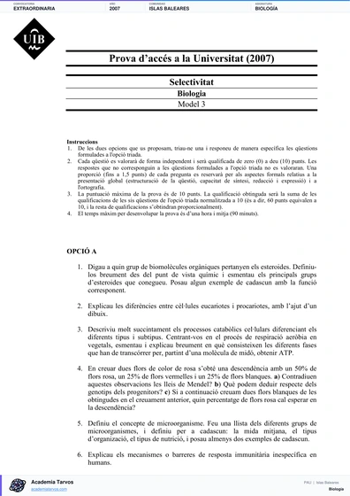 Vista previa de Examen PAU de Biología de Illes Balears 2007 – Extraordinaria
