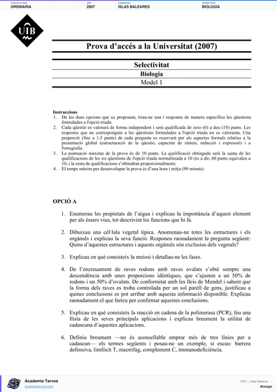Vista previa de Examen PAU de Biología de Illes Balears 2007 – Ordinaria