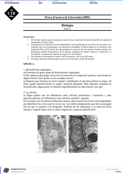 Vista previa de Examen PAU de Biología de Illes Balears 2009 – Extraordinaria