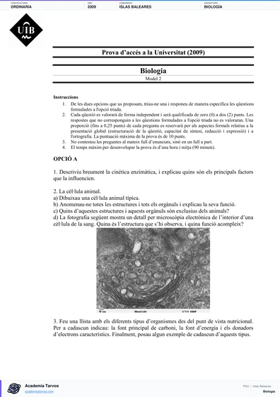 Vista previa de Examen PAU de Biología de Illes Balears 2009 – Ordinaria