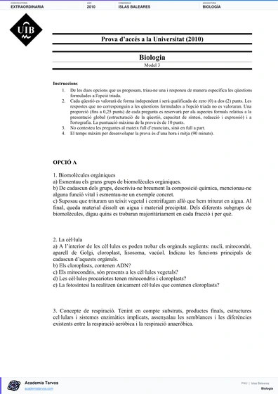 Vista previa de Examen PAU de Biología de Illes Balears 2010 – Extraordinaria