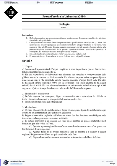 Vista previa de Examen PAU de Biología de Illes Balears 2014 – Extraordinaria