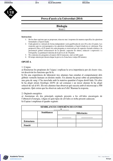 Vista previa de Examen PAU de Biología de Illes Balears 2014 – Ordinaria