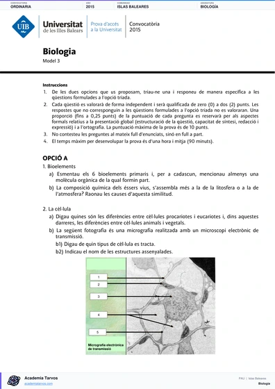 Vista previa de Examen PAU de Biología de Illes Balears 2015 – Ordinaria