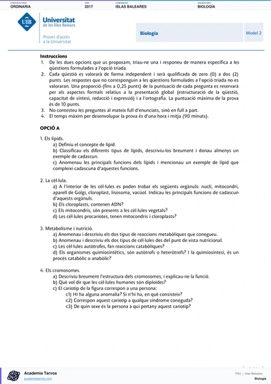 Vista previa de Examen PAU de Biología de Illes Balears 2017 – Ordinaria