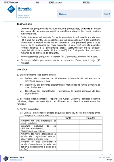 Vista previa de Examen PAU de Biología de Illes Balears 2020 – Extraordinaria