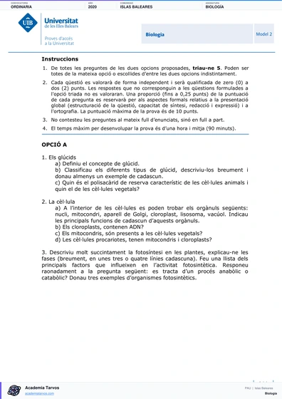 Vista previa de Examen PAU de Biología de Illes Balears 2020 – Ordinaria