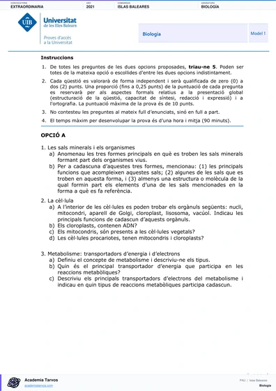 Vista previa de Examen PAU de Biología de Illes Balears 2021 – Extraordinaria
