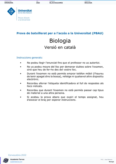 Vista previa de Examen PAU de Biología de Illes Balears 2022 – Ordinaria