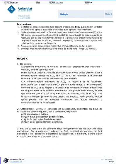 Vista previa de Examen PAU de Biología de Illes Balears 2023 – Extraordinaria