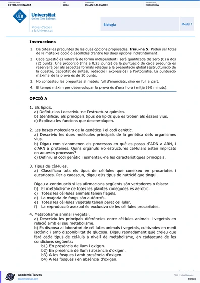 Vista previa de Examen PAU de Biología de Illes Balears 2024 – Extraordinaria