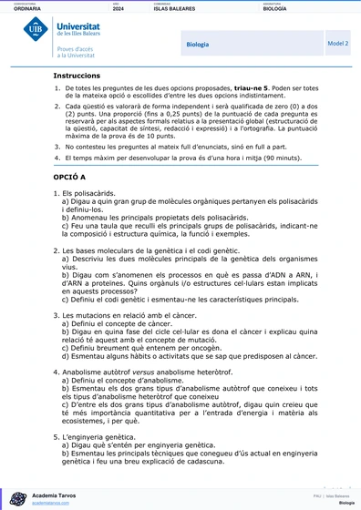 Vista previa de Examen PAU de Biología de Illes Balears 2024 – Ordinaria
