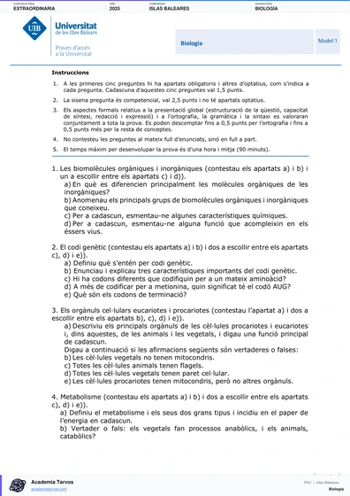 Vista previa de Examen PAU de Biología de Illes Balears 2025 – Extraordinaria