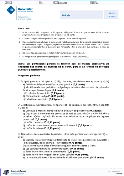 Vista previa de Modelo PAU de Biología de Illes Balears 2025