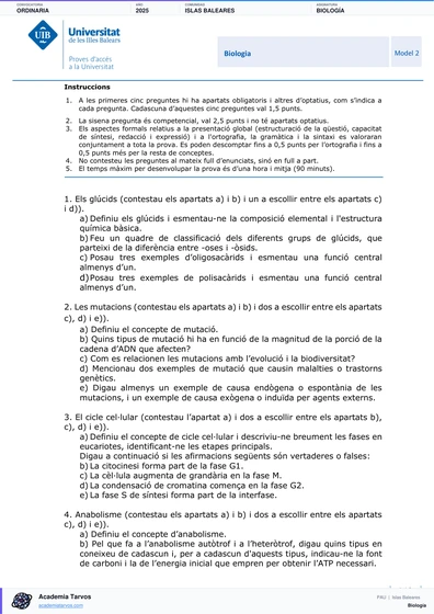Vista previa de Examen PAU de Biología de Illes Balears 2025 – Ordinaria