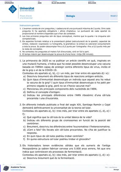 Vista previa de Examen PAU de Biología de Illes Balears 2026 – Ordinaria