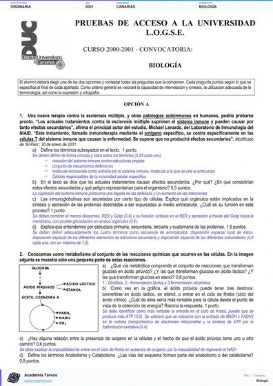 Vista previa de Examen PAU de Biología de Canarias 2001 – Ordinaria