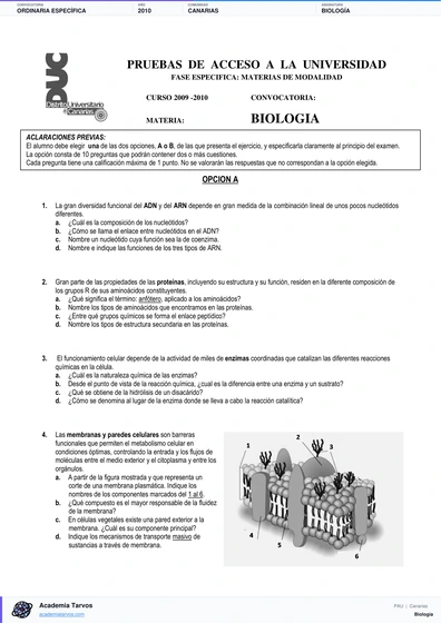 Vista previa de Examen PAU de Biología de Canarias 2010 – Ordinaria Específica