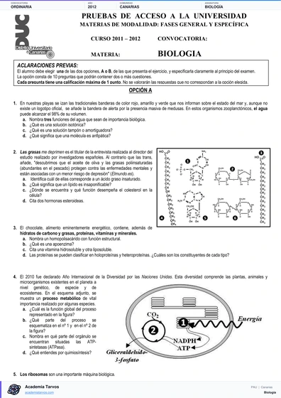 Vista previa de Examen PAU de Biología de Canarias 2012 – Ordinaria