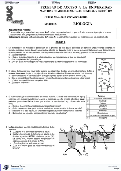 Vista previa de Examen PAU de Biología de Canarias 2015 – Extraordinaria