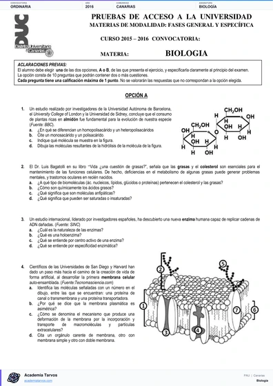 Vista previa de Examen PAU de Biología de Canarias 2016 – Ordinaria