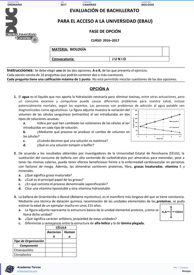 Vista previa de Examen PAU de Biología de Canarias 2017 – Ordinaria