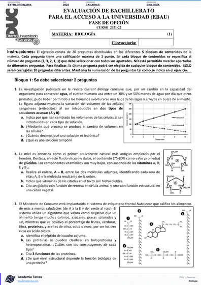 Vista previa de Examen PAU de Biología de Canarias 2022 – Extraordinaria