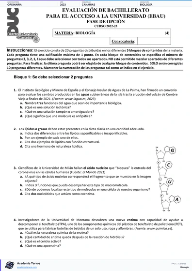 Vista previa de Examen PAU de Biología de Canarias 2023 – Ordinaria