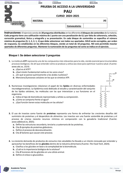 Vista previa de Examen PAU de Biología de Canarias 2025 – Extraordinaria