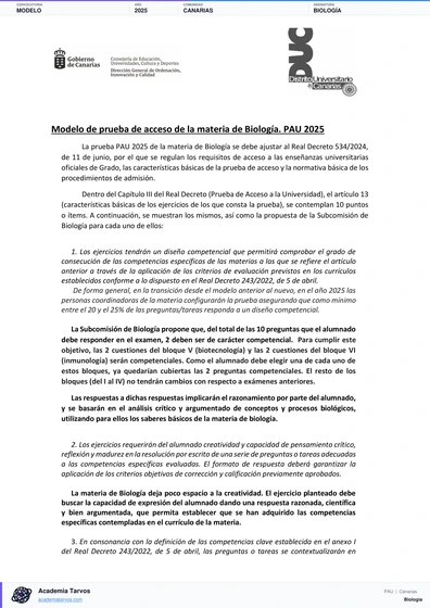 Vista previa de Modelo PAU de Biología de Canarias 2025
