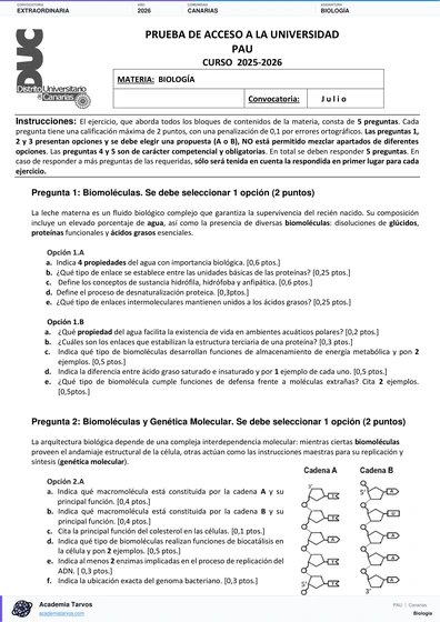 Vista previa de Examen PAU de Biología de Canarias 2026 – Extraordinaria