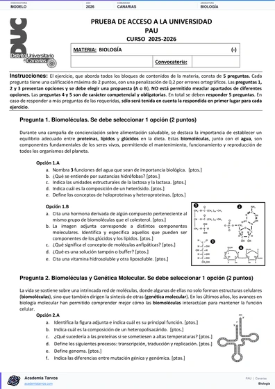 Vista previa de Modelo PAU de Biología de Canarias 2026