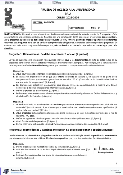 Vista previa de Examen PAU de Biología de Canarias 2026 – Ordinaria