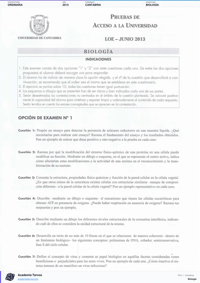 Vista previa de Examen PAU de Biología de Cantabria 2013 – Ordinaria