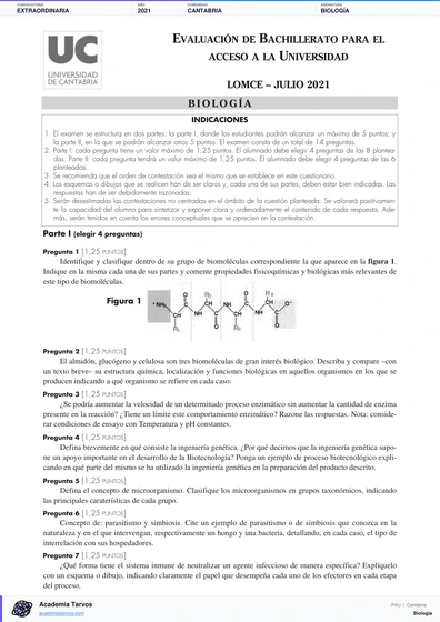 Vista previa de Examen PAU de Biología de Cantabria 2021 – Extraordinaria