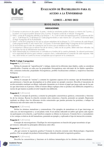 Vista previa de Examen PAU de Biología de Cantabria 2022 – Ordinaria