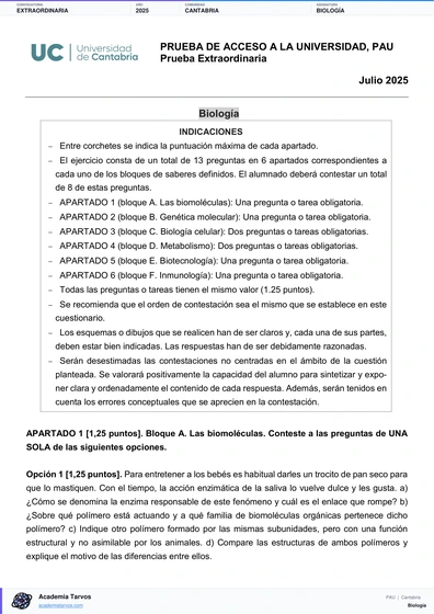Vista previa de Examen PAU de Biología de Cantabria 2025 – Extraordinaria