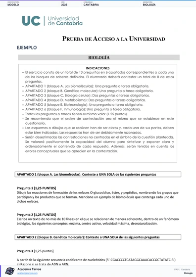 Vista previa de Modelo PAU de Biología de Cantabria 2025