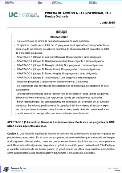 Vista previa de Examen PAU de Biología de Cantabria 2025 – Ordinaria