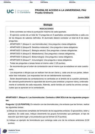 Vista previa de Examen PAU de Biología de Cantabria 2026 – Ordinaria
