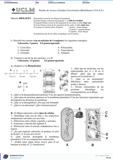 Vista previa de Examen PAU de Biología de Castilla-La Mancha 2008 – Extraordinaria