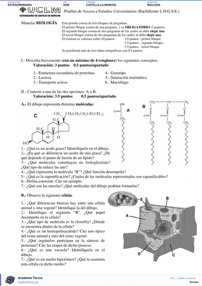 Vista previa de Examen PAU de Biología de Castilla-La Mancha 2009 – Extraordinaria