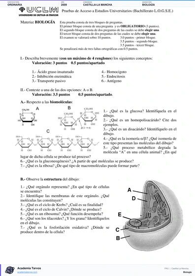 Vista previa de Examen PAU de Biología de Castilla-La Mancha 2009 – Ordinaria