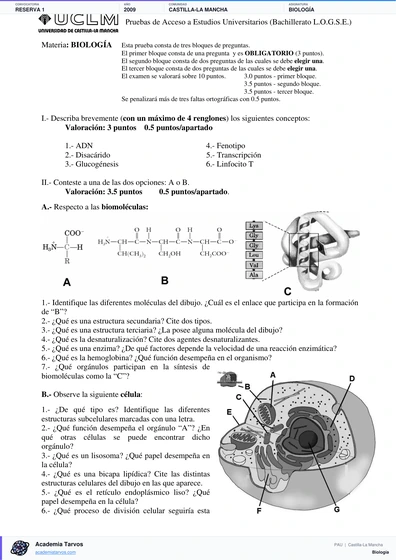 Vista previa de Examen PAU de Biología de Castilla-La Mancha 2009 – Reserva 1