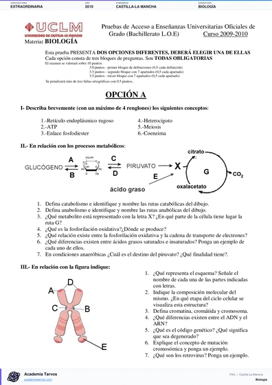 Vista previa de Examen PAU de Biología de Castilla-La Mancha 2010 – Extraordinaria