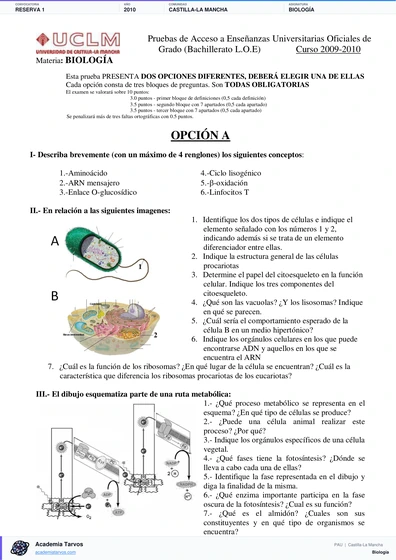 Vista previa de Examen PAU de Biología de Castilla-La Mancha 2010 – Reserva 1