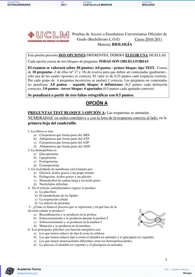 Vista previa de Examen PAU de Biología de Castilla-La Mancha 2011 – Extraordinaria