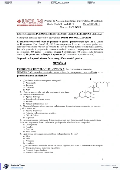 Vista previa de Examen PAU de Biología de Castilla-La Mancha 2011 – Reserva 1