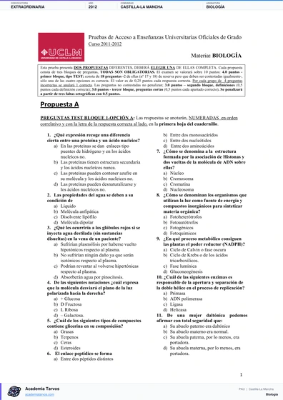 Vista previa de Examen PAU de Biología de Castilla-La Mancha 2012 – Extraordinaria