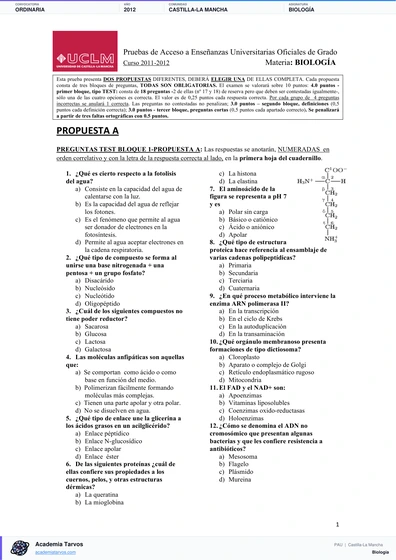 Vista previa de Examen PAU de Biología de Castilla-La Mancha 2012 – Ordinaria